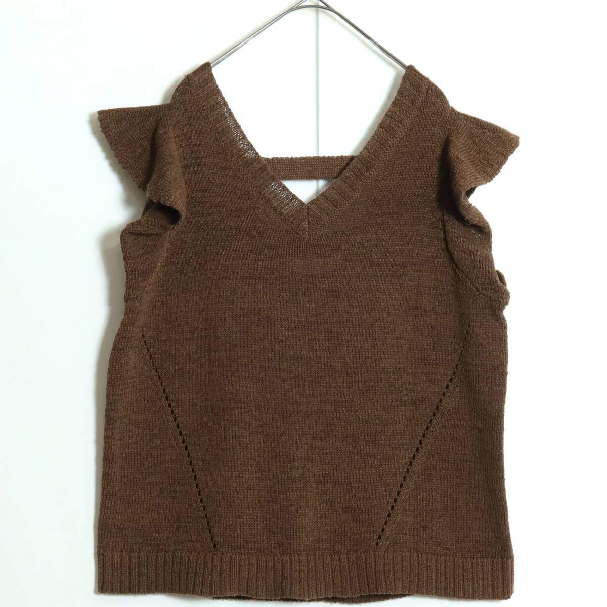【美品】インゲボルグ★袖フリルが可愛い！ニットベスト  透かし編み♪無地 ブラウン系＊z15833