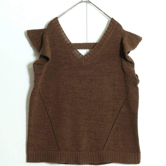 【美品】インゲボルグ★袖フリルが可愛い！ニットベスト  透かし編み♪無地 ブラウン系＊z15833