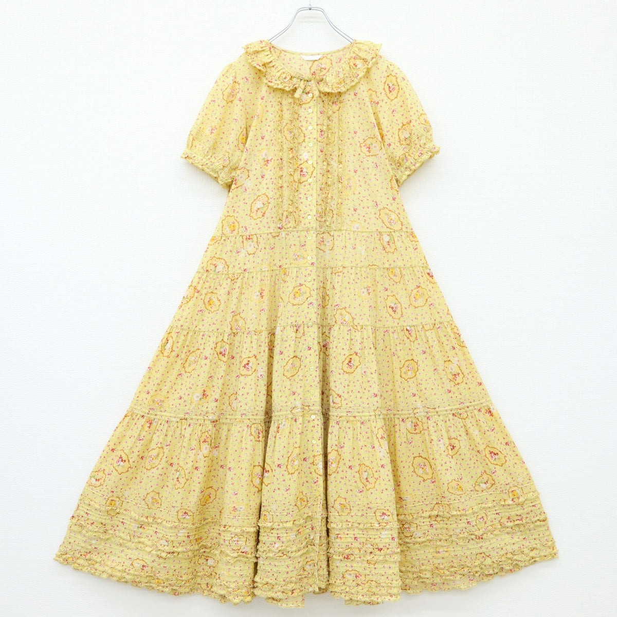 ピンクハウス★ミニ薔薇&小鳥pt♪半袖ワンピース 大きいサイズL イエロー系 前開き 薄手 z23379