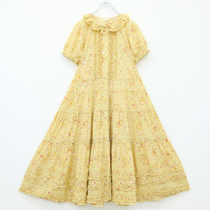 ピンクハウス★ミニ薔薇&小鳥pt♪半袖ワンピース 大きいサイズL イエロー系 前開き 薄手 z23379