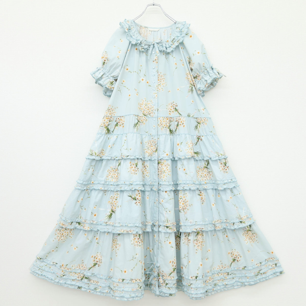【極美品】ピンクハウス★マーガレットブーケpt♪かぶせ段々半袖ワンピース サックス系 前開き リボンも♪2026年製 z23384
