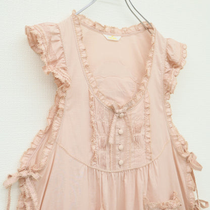 【極美品】ピンクハウス★フラワーピクニック♪くま付きエプロンドレス ローンタブリエ ピンク系 2023年 無地 z23284