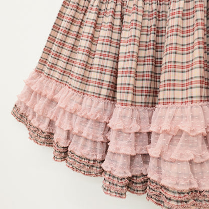 【極美品】ピンクハウス×青木美沙子★オリチェpt段々スカート 前開き ドットチュール&ロゴリボン♪ピンク×赤系 z23299
