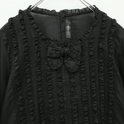 【極美品】ピンクハウス★たっぷりフリル&リボン使い♪長袖ローンブラウス 黒系 無地 薄手 z23293
