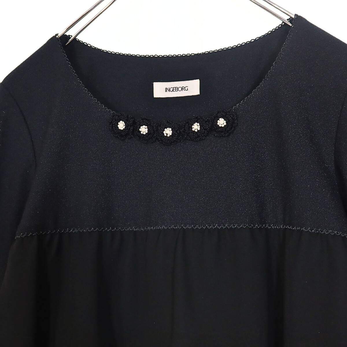 【美品】インゲボルグ★上品！ ふんわりシフォン段々フリル  フラワーモチーフパール装飾 七分袖ワンピース サイズ9 黒系＊z14493