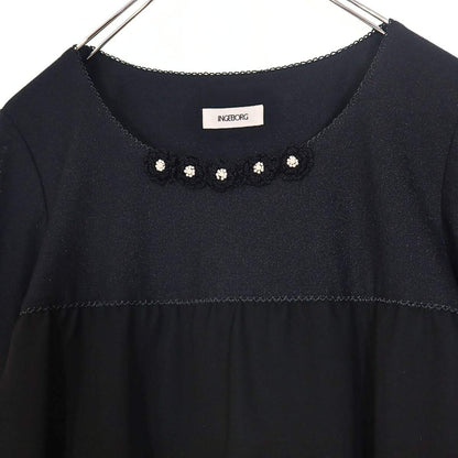 【美品】インゲボルグ★上品！ ふんわりシフォン段々フリル  フラワーモチーフパール装飾 七分袖ワンピース サイズ9 黒系＊z14493
