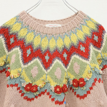 ワンダフルワールド カネコイサオ★カラフルなお花モチーフいっぱい♪長袖ニット セーター ピンク系 厚手 z23579