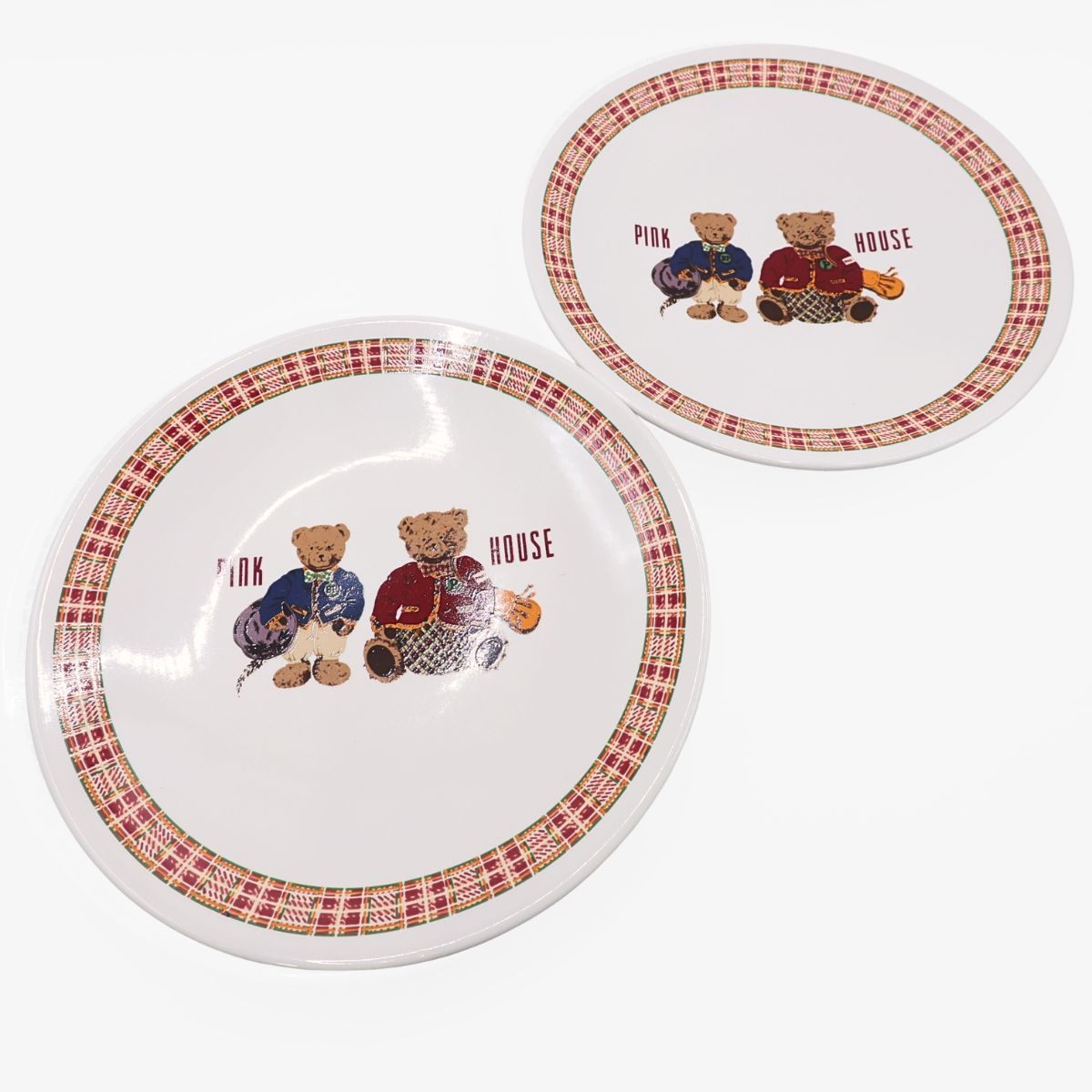 【美品】ピンクハウス★2枚セット♪皿 プレート 陶器 白系 くま&オリジナルチェック柄 食器 so417