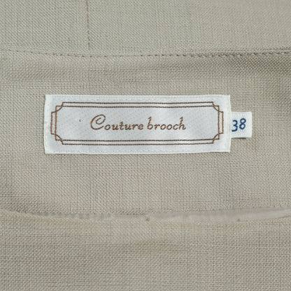 【美品】クチュールブローチ★シャーリングデザイン♪七分袖ワンピース サイズ38 薄茶系 薄手 z22765