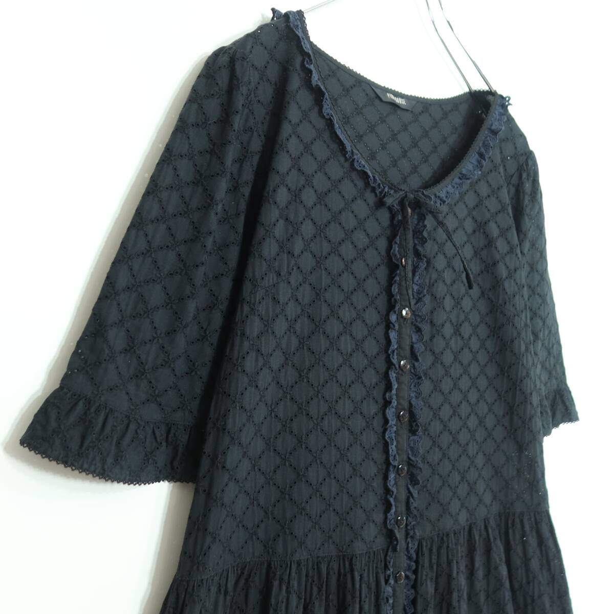 ピンクハウス★総カットワークレース♪前開き半袖ワンピース 黒系 フリル付き♪薄手 z19968