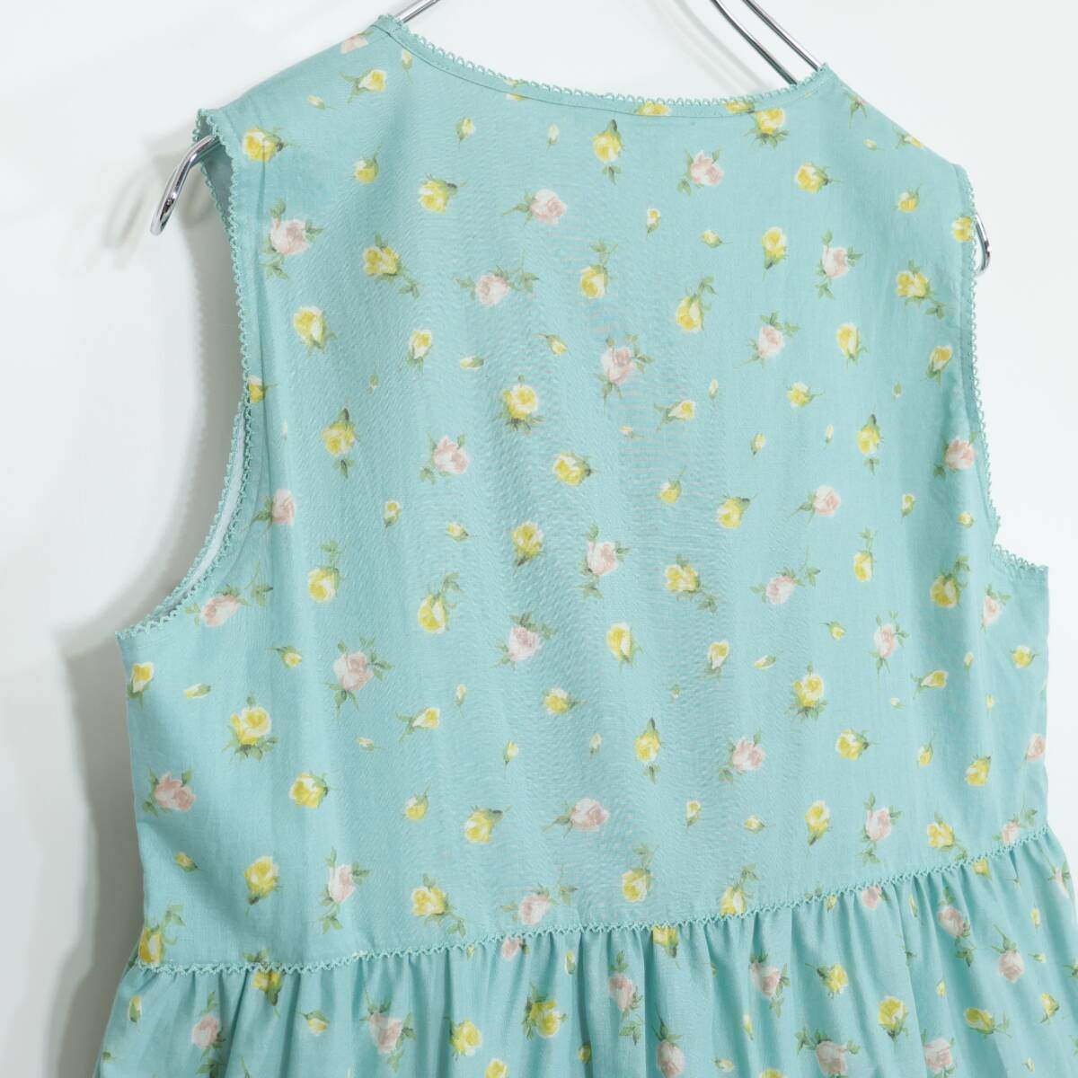 【極美品紙タグ有】ピンクハウス★爽やかカラーと薔薇のつぼみpt♪ローンワンピース 裾段々フリル・ふんわりフォルム 青緑系 z21367