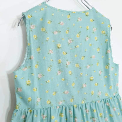 【極美品紙タグ有】ピンクハウス★爽やかカラーと薔薇のつぼみpt♪ローンワンピース 裾段々フリル・ふんわりフォルム 青緑系 z21367