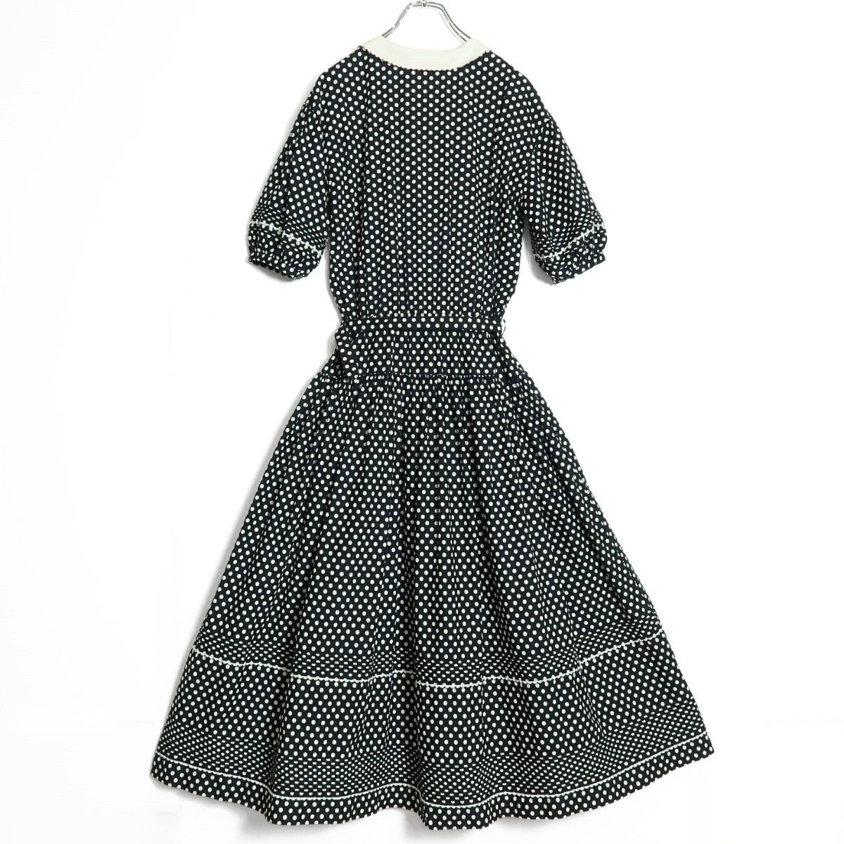 【美品】ピンクハウス★ドット柄パフスリーブワンピース  ネイビー系 レトロ可愛い♪清楚な白襟&リボン♪z15620