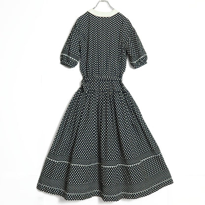 【美品】ピンクハウス★ドット柄パフスリーブワンピース  ネイビー系 レトロ可愛い♪清楚な白襟&リボン♪z15620