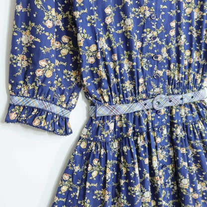 【美品】ピンクハウス★オリチェptパッチワーク♪花柄ワンピース ネイビー系 前開き 薄手 z20994