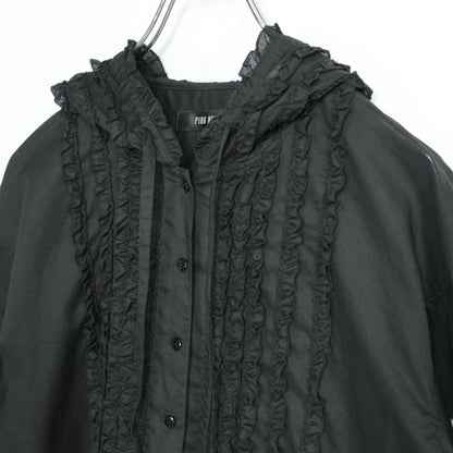 【極美品】ピンクハウス★フリル使い♪ゆったりローンブラウス フーディ 黒系 前開き 無地 2024年製 z22280