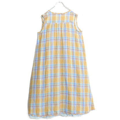 【極美品】ピンクハウス★たくし上げ&裾段々フリル♪オリチェptのリネンワンピース 黄褐色×青系 フリル♪残布有 z18000
