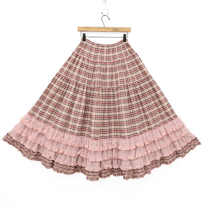 【極美品】ピンクハウス×青木美沙子★オリチェpt段々スカート 前開き ドットチュール&ロゴリボン♪ピンク×赤系 z23299