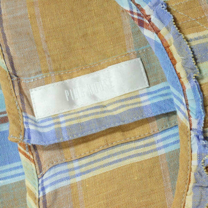 【美品】ピンクハウス★可愛い！胸元クロスステッチ マドラスチェック 半袖ブラウス リネン イエロー系 ＊ z15440