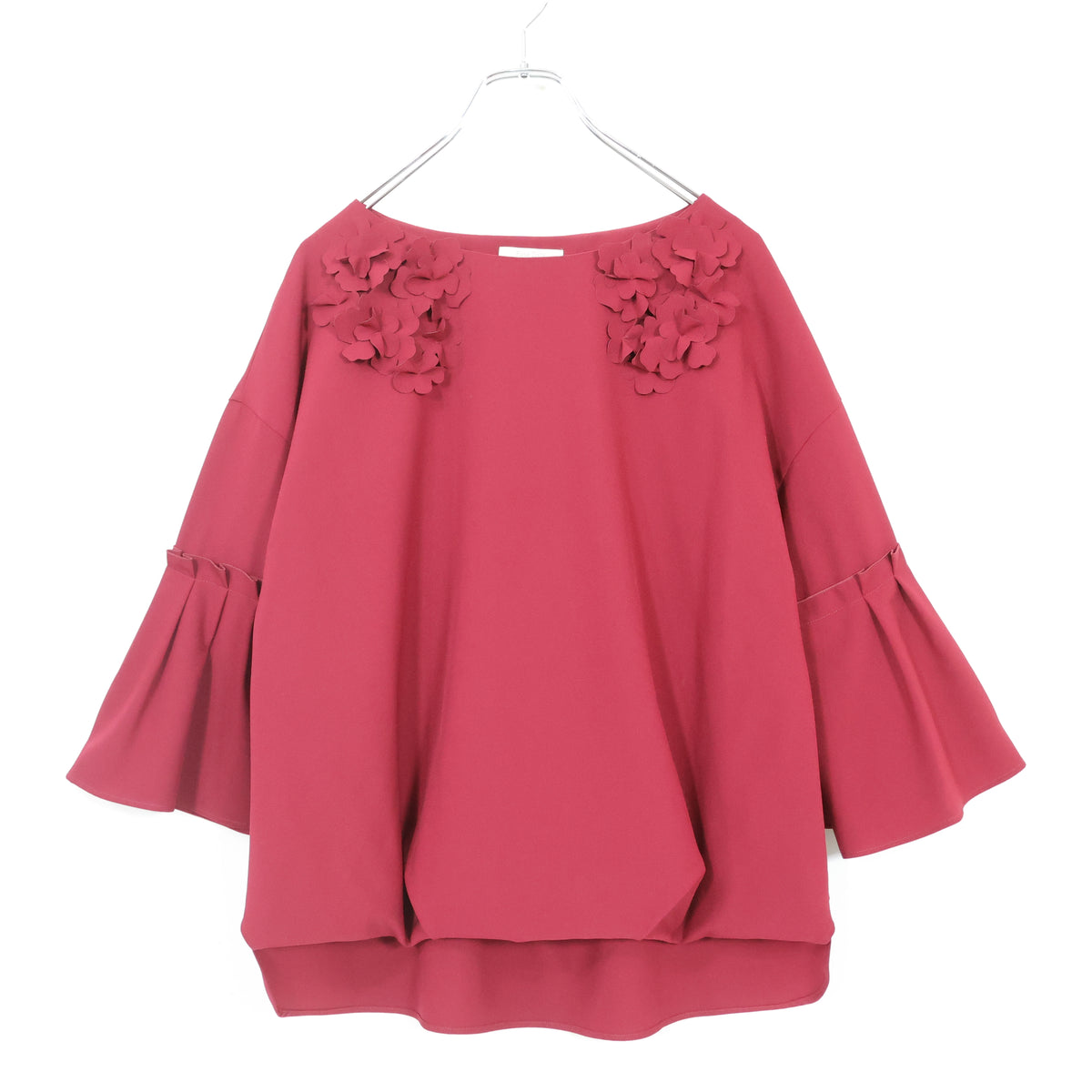 【極美品】ローズティアラ★お花モチーフ♪オーバーブラウス ダークレッド系 大きいサイズ42 ベルスリーブ♪無地 薄手 z22743