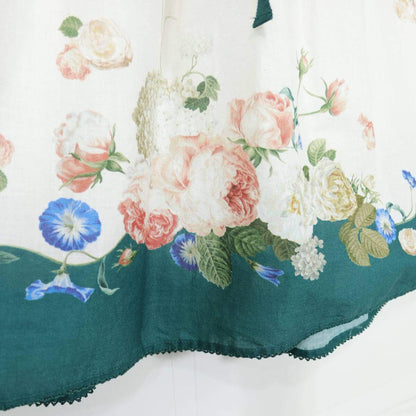 ピンクハウス★気品溢れる薔薇ブーケ柄♪リボンベルト付き 半袖パフスリーブ 綿ローン ワンピース 白×緑系 z21343