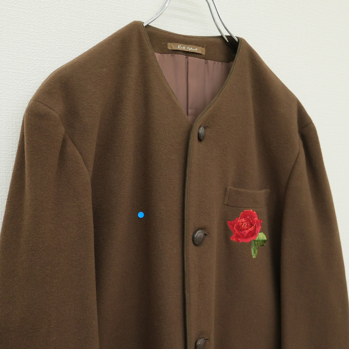 カールヘルム★薔薇刺しゅう♪ノーカラージャケット ウール混 大きいサイズL ブラウン系 前開き 無地 z23214