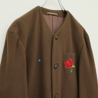 カールヘルム★薔薇刺しゅう♪ノーカラージャケット ウール混 大きいサイズL ブラウン系 前開き 無地 z23214