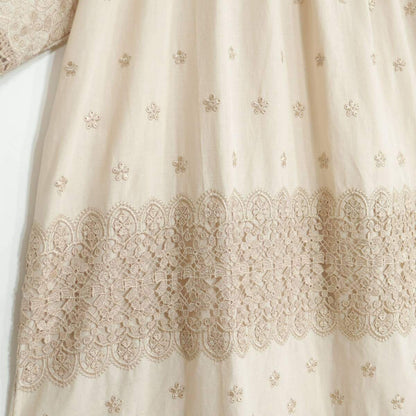 【新品タグ付】ギャラリービスコンティ★繊細な刺繍&レース♪半袖チュニックワンピース サイズ2 薄茶系 薄手 z21187