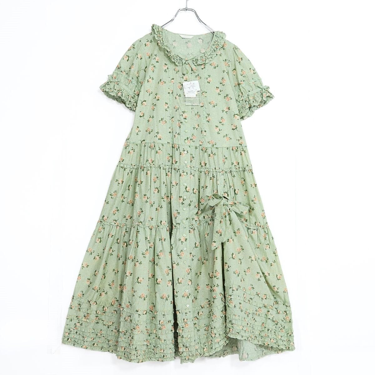 【極美品・紙タグ有】ピンクハウス★ブロッサムローズpt♪可愛いロング丈ワンピース たくし上げ ハッカ系 前開き 身幅お直し 残布有 z21377