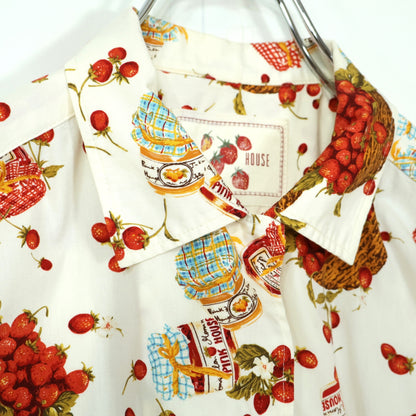 【美品】ピンクハウス★ジャム瓶&かごストロベリーpt♪開襟シャツ ブラウス 大きいサイズＬ クリーム色系 前開き 薄手 z21734