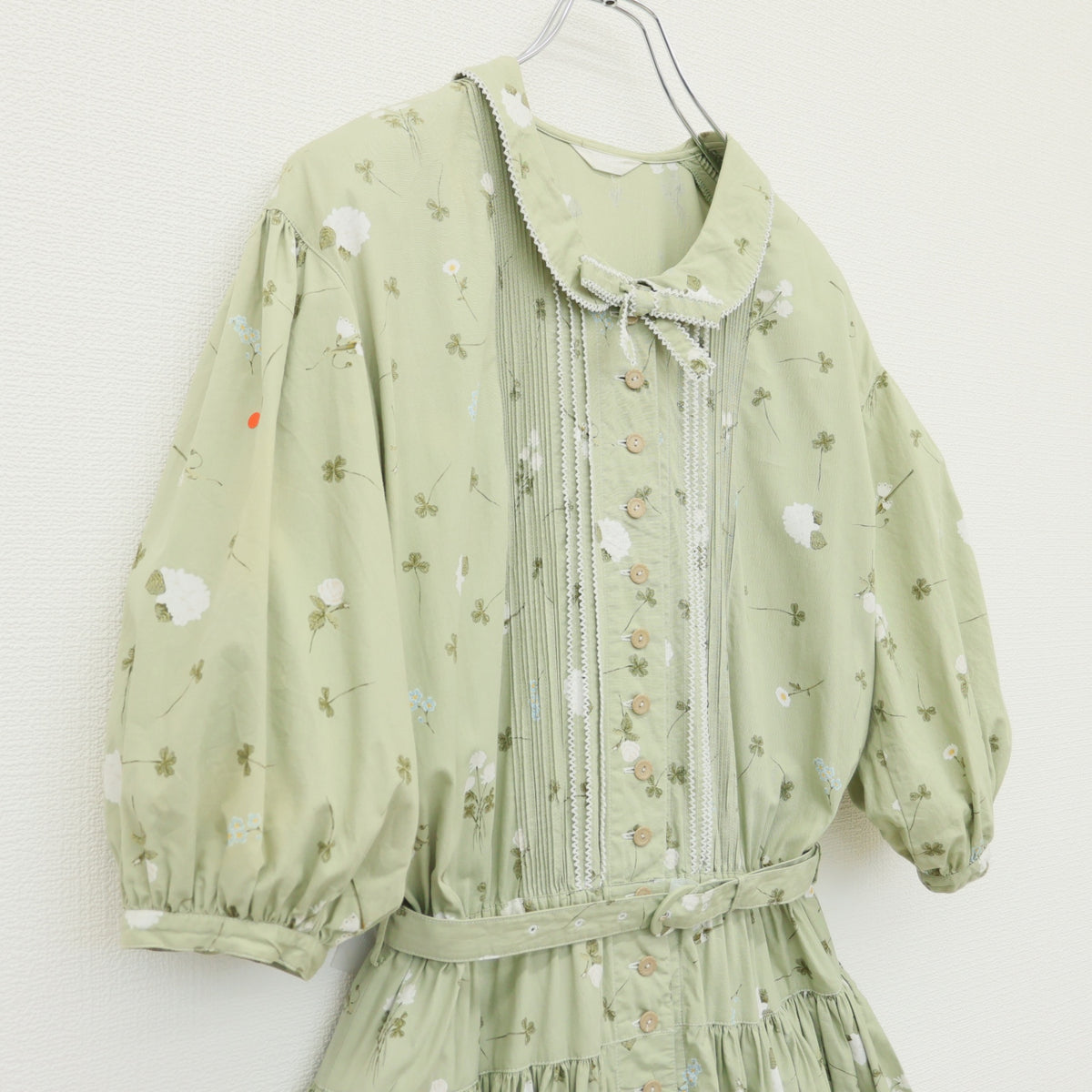 ピンクハウス★シロツメクサ&白薔薇pt半袖ワンピース ハッカ系 前開き リボンも♪薄手 z23243