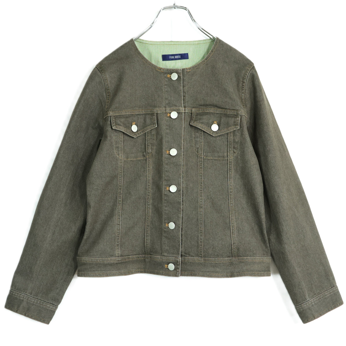 【美品】ピンクハウス★ひなぎくワッペン♪デニムジャケット ノーカラー 大きいサイズL チャコールグレー系 前開き 無地 z21851