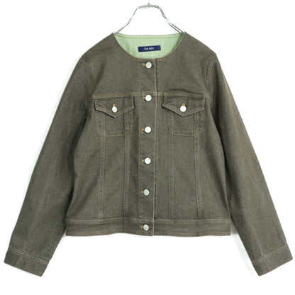 【美品】ピンクハウス★ひなぎくワッペン♪デニムジャケット ノーカラー 大きいサイズL チャコールグレー系 前開き 無地 z21851