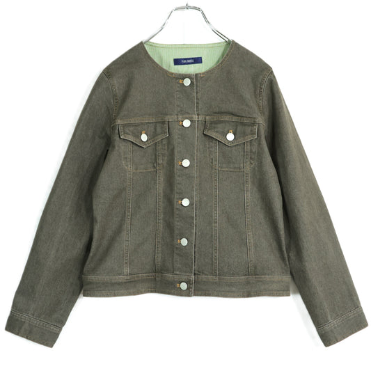 【美品】ピンクハウス★ひなぎくワッペン♪デニムジャケット ノーカラー 大きいサイズL チャコールグレー系 前開き 無地 z21851