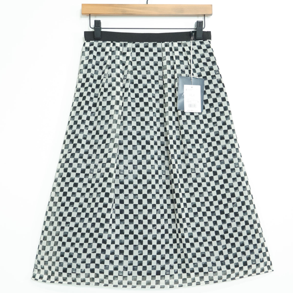 【美品・紙タグ有】アクアスキュータム★シフォン♪七分袖ブラウス&ロングスカート サイズ8 黒×白系 ブロックチェック♪薄手 z22074