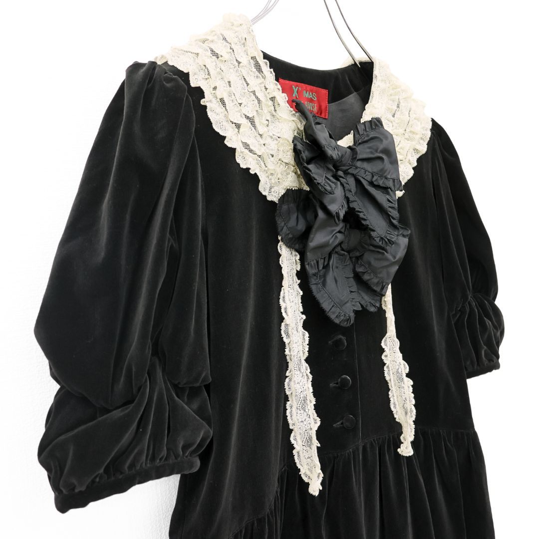 【美品】ピンクハウス★ベルベットX’masドレス ドットチュールレース♪黒ベロアのパフ袖ワンピース  黒系 重ね付けリボン♪厚手 z23244