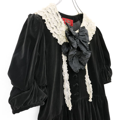 【美品】ピンクハウス★ベルベットX’masドレス ドットチュールレース♪黒ベロアのパフ袖ワンピース  黒系 重ね付けリボン♪厚手 z23244