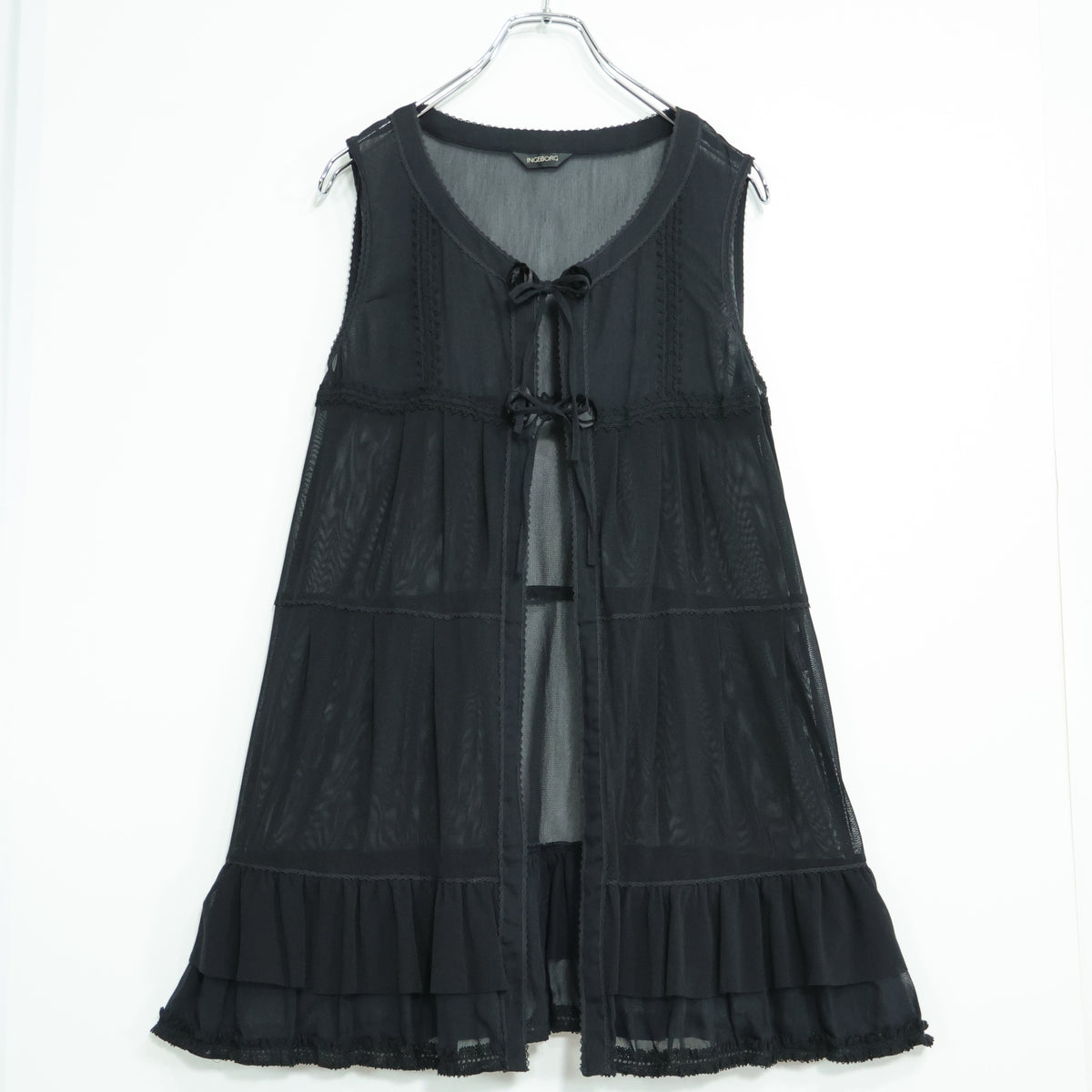 【美品】インゲボルグ★総チュールレース♪フリルたっぷりベスト はおりもの 黒系 前開き レース&お花モチーフ♪z22073