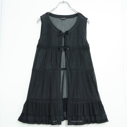 【美品】インゲボルグ★総チュールレース♪フリルたっぷりベスト はおりもの 黒系 前開き レース&お花モチーフ♪z22073