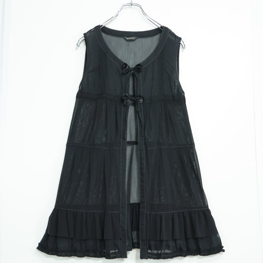 【美品】インゲボルグ★総チュールレース♪フリルたっぷりベスト はおりもの 黒系 前開き レース&お花モチーフ♪z22073