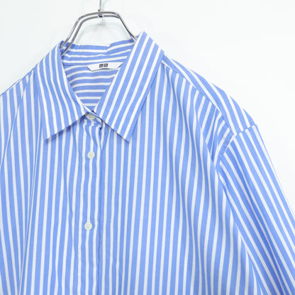 【美品】ユニクロ★長袖シャツ 大きいサイズ3XL ブルー系 ストライプ 薄手 z22872