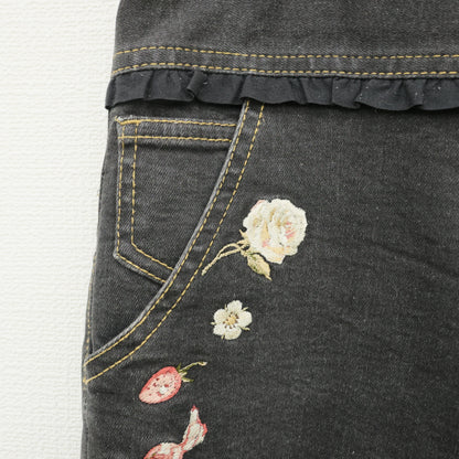 ピンクハウス★薔薇＆苺刺しゅう♪裾段々フリルのデニムパンツ クロップドも◎ 大きいサイズL 黒系 z23288