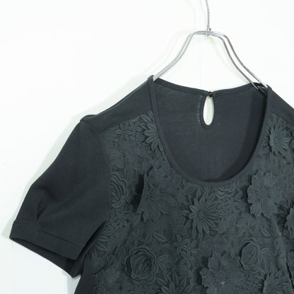 【美品！】インゲボルグ INGEBORG★透かし花柄カットソー モチーフいっぱい おしゃれ サイズ9 黒系 z22291
