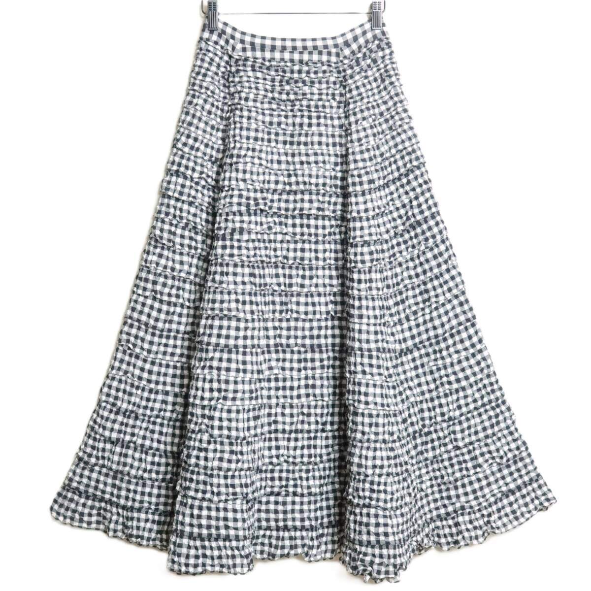 【極美品】カネコイサオ★可愛い！総段々フリル♪マキシ丈フレアスカート 黒系 キュートなギンガムチェック♪薄手＊ z16367