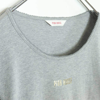 【美品】ピンクハウス★袖段々フリル♪半袖カットソー Tシャツ 大きいサイズL ライトグレー系 ふんわり袖♪無地 z18411