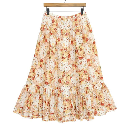 【美品！】ピンクハウス★可憐な薔薇とリボンptが素敵♪ 前開きふんわりローンスカート ベージュ×赤系 z21352