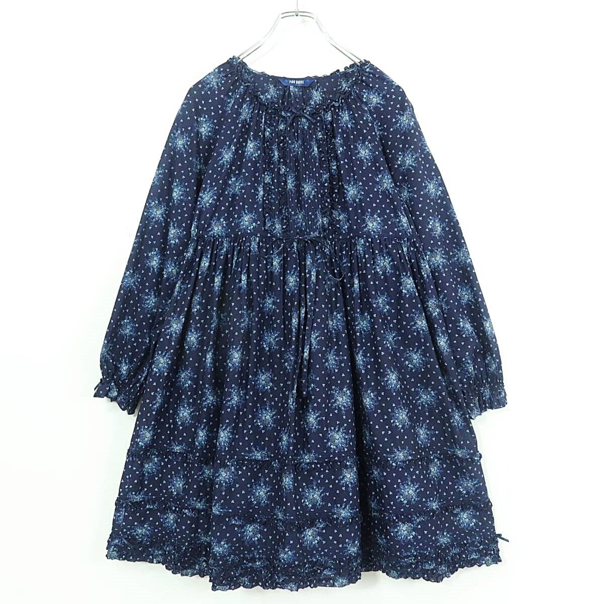 【美品】ピンクハウス★幻想的な小花リースが美しい！ 長袖チュニック・ミニワンピース 紺系 z19563