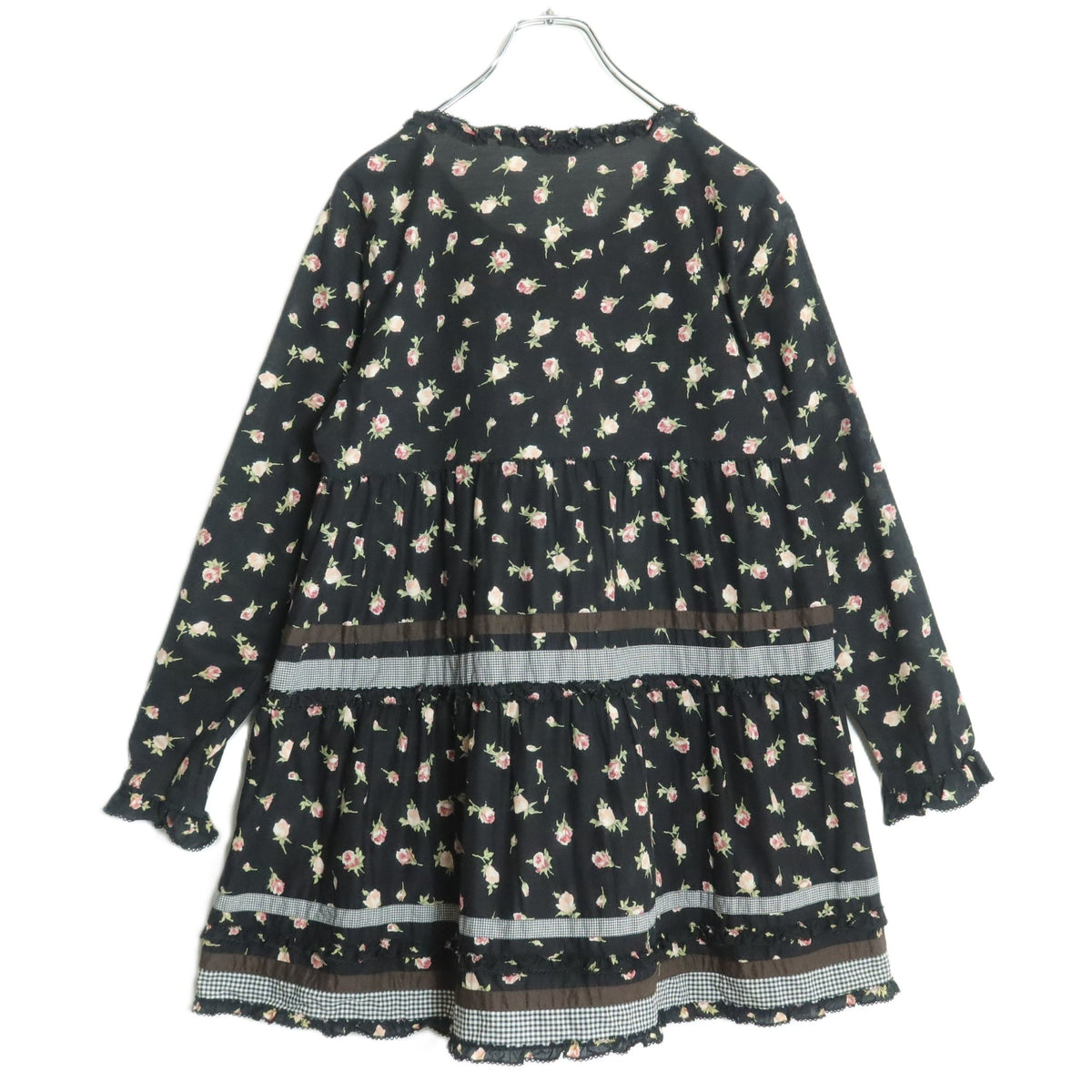 【美品】ピンクハウス★ギンガムパッチワーク♪ローンチュニックブラウス 黒系 薔薇pt♪薄手 z18327