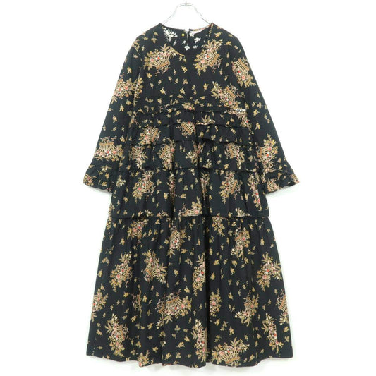 【美品】ワンダフルワールド カネコイサオ★かぶせ段々♪花かごptワンピース 黒系 ふんわりフォルム♪薄手 z20697