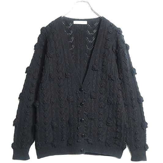 【美品】カネコイサオ★お花モチーフが可愛い♪ニットカーディガン  アラン編み♪ウール100！黒系＊z16958